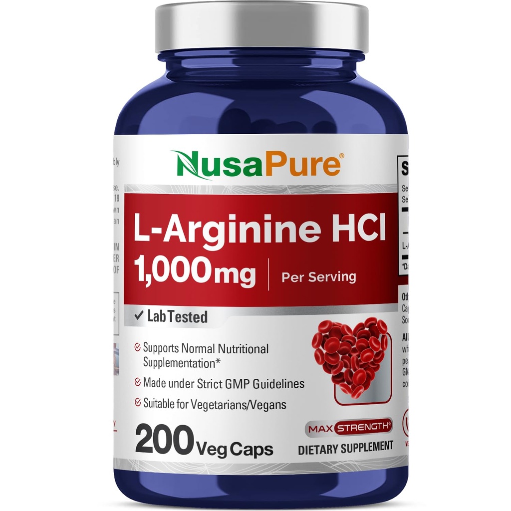 NusaPure L-αργινίνη 1000 mg 200 Κάψουλες Veggie (Μη ΓΤΟ, χορτοφάγος, Vegan)