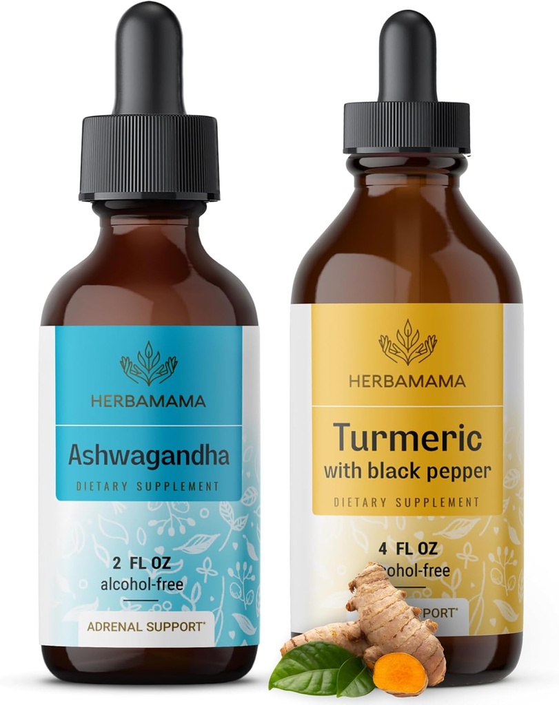 HERBAMA Herbal Liquid Drops Kit - Bundle of Ashwagandha Root Extract & Turmeric with Black Pepper Tincture 2 fl oz - Vegan, Non-GMO, Sugar & Alcohol-Free - 2 Pack