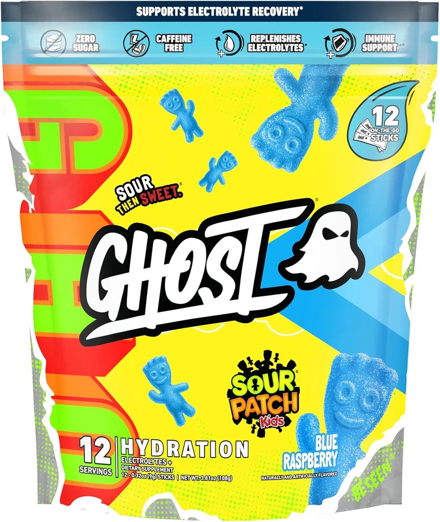 GHOST Hydration Packets, Sour Patch Kids Blue Raspberry, 12 Sticks, Electrolyte Powder - Συμπλήρωμα μειγμάτων ποτών με μαγνήσιο, κάλιο, ασβέστιο, βιταμίνη C - Vegan, Χωρίς σόγια, ζάχαρη και γλουτένη