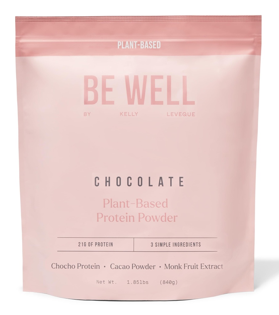 Be Well Tarafından Kelly Chocolate Plant-Based Protein Toz, Vegan 21G Protein 9G Fiber 1 NetCarb (3 Malzemeler, 20 Hizmet) 9 Amino Asits 3 BCAAs No Soy, No Dairy, Stevia-Free No Sugar 1.85lb 840g