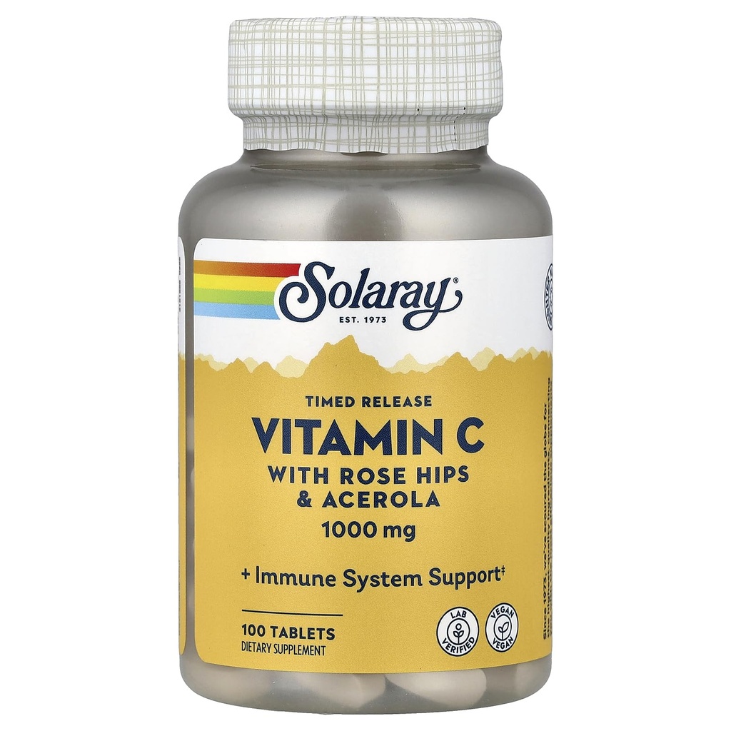 SOLARAY Vitamin C 1000mg Timed Release Tablets with Rose HIPS & Acerola Bioflavonoids, Two-Stage for High Absorption & All Day Immune Function Support, 60 Day Guarantee (100 Servings, 100 Tablets)