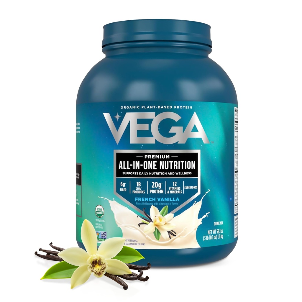 Vega All in One Nutrition Organic - 20g Plant-Based Pea protein, Fransız Vanilla, 43 Hizmet, A & C, Probiyotikler, Greens, Vegan, Keto, Gluten Free, 3.63lbs (Pazarlama May Vary)