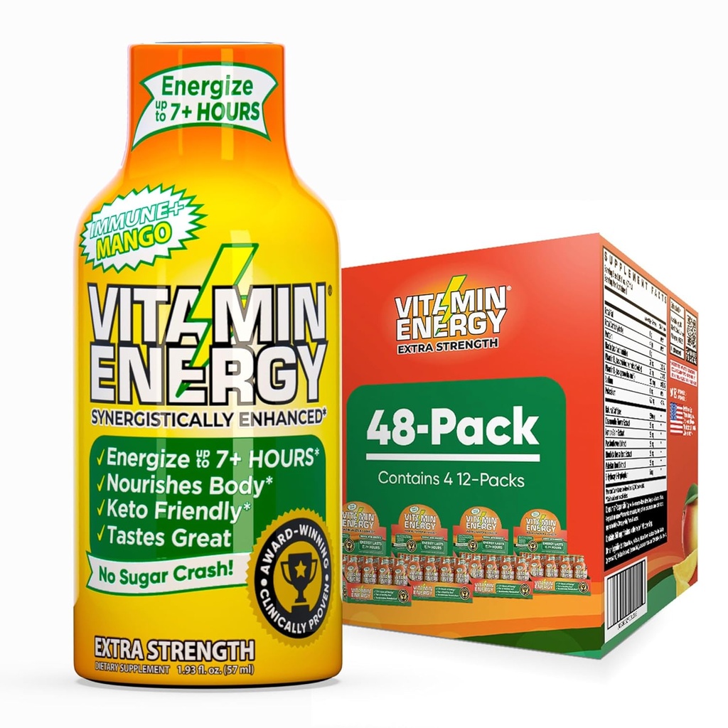 Enerji Vitamini Immune+ Ekstra Kuvvetli Enerji Shot Mango 48 Paketi, 260 mg Natural Caffeine, B-Vitamins, Citicoline, Green Tea, Immunity & Focus Support, Zero Sugar, Gluten-Free 1.93 fl ozz