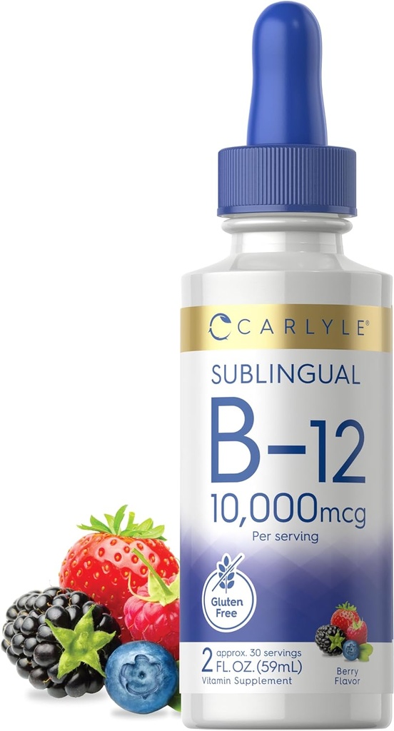 Carlyle Vitamin B12 Sublingual Liquid Drops | 10.00006 | 2 fl oz | Vegetarian, Non-GMO, Gluten Free
