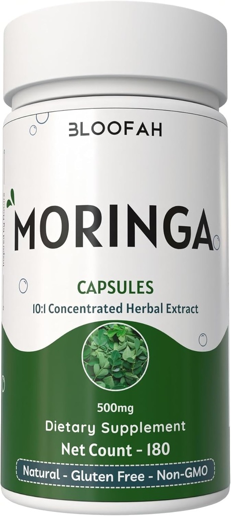 Moringa Capsules 500 mg |% 100 Pure Moringa Oleifera Leaf | Interd 10:1 Extract Toz | Non-GMO, Nutrient-Rich Vegetarian Green Superfood (180 Kont)