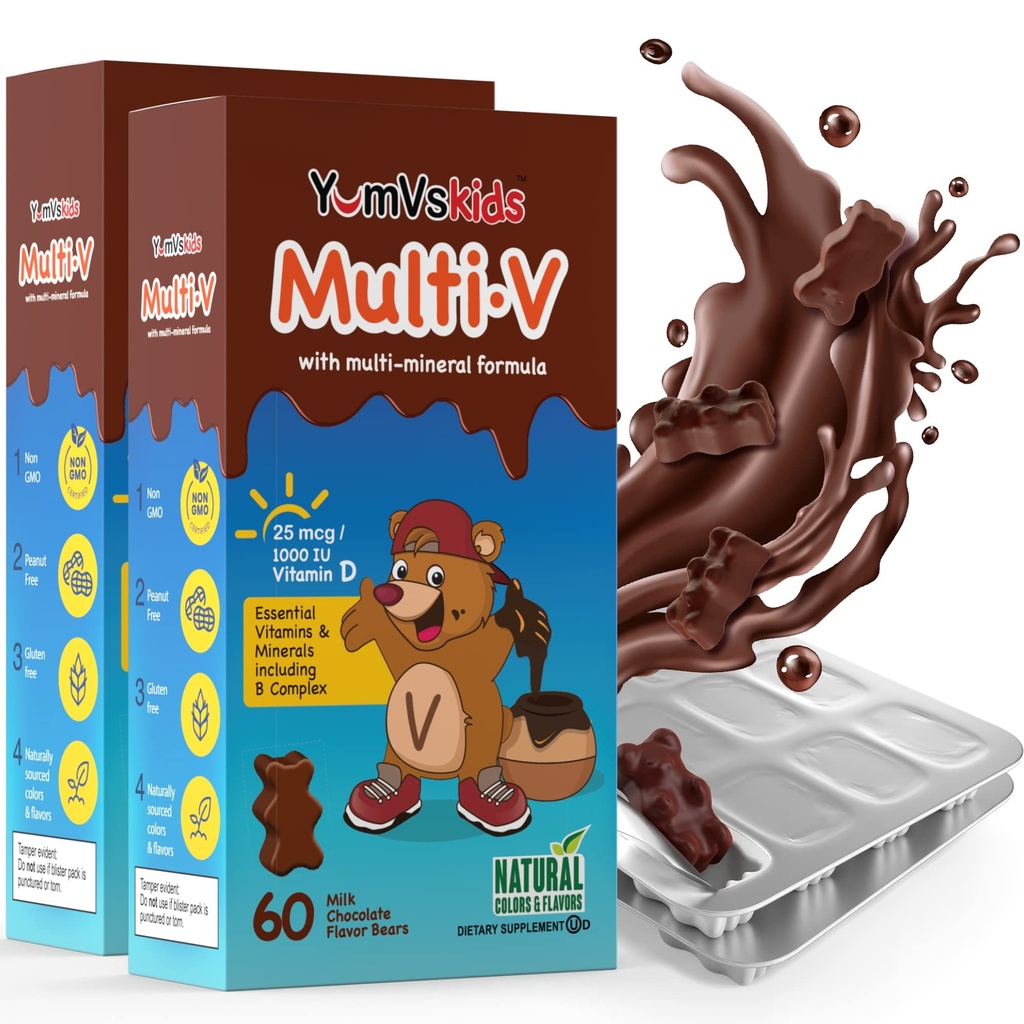 YUM-V'S - Παιδική Πολυβιταμίνη Μασώμενα Σοκολάτα Αρκούδα - Πολυβιταμίνη για τα παιδιά Συμπλήρωμα - 16 Βιταμίνες & Ορυκτές - Βιταμίνες Συμπεριλαμβάνονται D, ψευδάργυρος, C, B Complex & More, 60 Count (Pack of 2)
