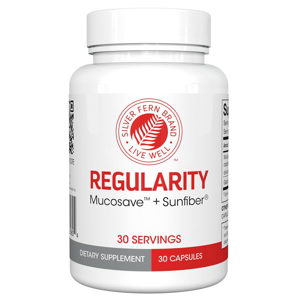 Silver Fern Regularity Digestive Supplement Capsules Brand - 1 φιάλη = 30 κάψουλες = 30 ημέρες προσφοράς - Mucosave FG (Prickly Pear Polyσακχαρίτες & Olive Leaf Polyphenols) & SunFiber