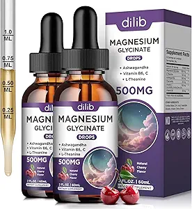 (2 Pack) Magnezyum Glycinate Liquid Drops 500 mg, B6, Ashwagandha, L - Theanine, Chamomile, Magnezyum Glycinate Supplement High Abxia for Sleep, Stress, Energy Mood - Cherry Flavor
