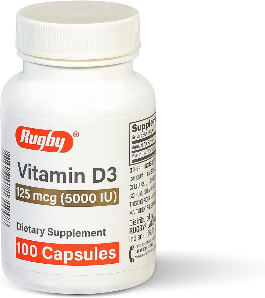 Rugby D3 5.000 IU (125 mcg) - Kemik, Dişler için D Diyetsel Tamam ve Immune Health, 100 Capsules