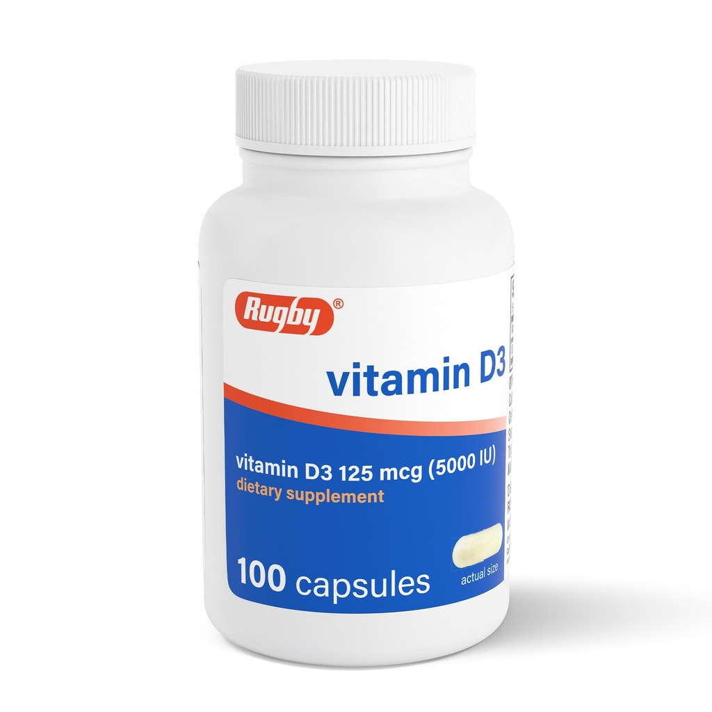 Rugby Vitamin D3 5,000 IU (125 mcg) - Vitamin D Dietary Supplement for Bone, Teeth, and Immune Health, 100 Capsules