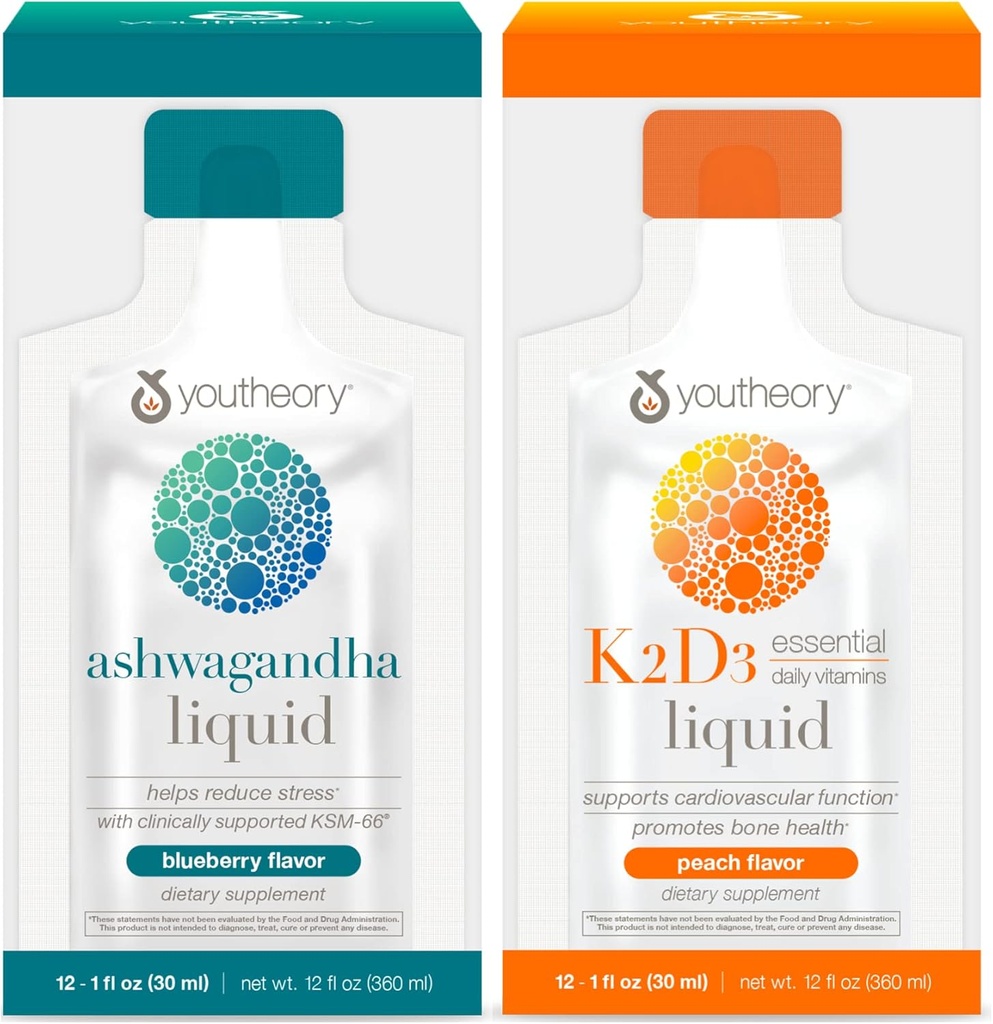 Youtheory Ashwagandha Liquid Blueberry, 12 Single Service Packets, K2 και D3 Καθημερινή Βιταμίνη Υγρό Ροδάκινο, 12 Single Service Packets