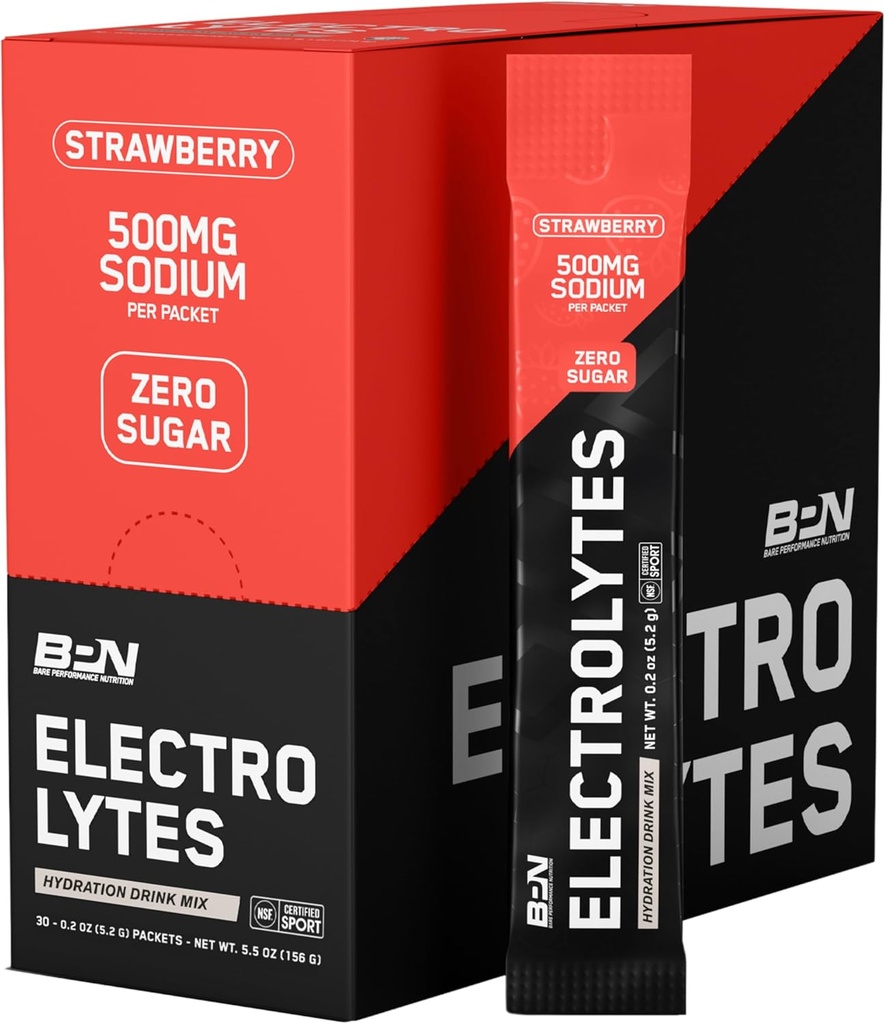 BARE PERFORMANCE NUTRITION BPN Electrolytes Go Packs Hydration Drink Mix | Sugar Free Electrolyte Toz | 500 mg Sodyum per Service | Natural Sweetized | Strawberry 30 Servisler