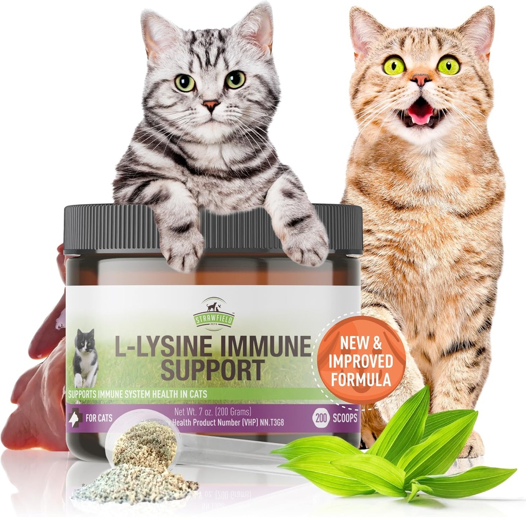 Strawfield Pets L-Lysine Immune Support for Cats & Kittens - 200g Chicken Liver Flavor Granules with Scoop, Immune Health Supplement Cat Cold Relief, Sneezing, Congestion, Run Nose, Watery Eyes