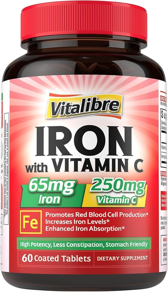Iron Supplement, 65 mg Carbonyl Iron 250 mg Vitamin C, Stomach Friendly Iron Pills for Blood Building Women & Men, High Abxia, No Nausea, No Constipation, Non-GMO, No Gluten, 60 Vegan Tabs