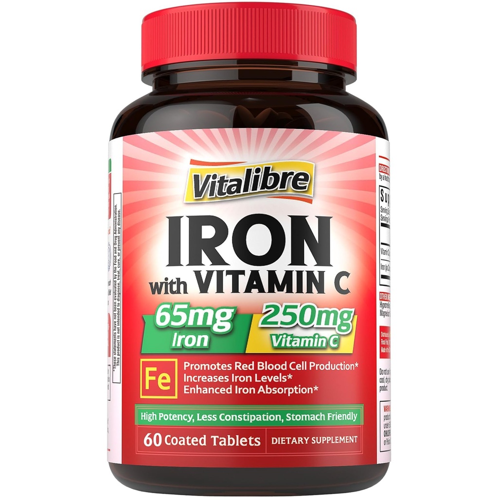 Iron Supplement, 65 mg Carbonyl Iron 250 mg Vitamin C, Stomach Friendly Iron Pills for Blood Building Women & Men, High Abxia, No Nausea, No Constipation, Non-GMO, No Gluten, 60 Vegan Tabs