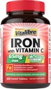 Iron Supplement, 65 mg Carbonyl Iron 250 mg Vitamin C, Stomach Friendly Iron Pills for Blood Building Women & Men, High Abxia, No Nausea, No Constipation, Non-GMO, No Gluten, 60 Vegan Tabs