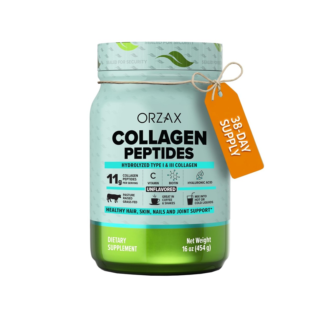 ORZAX Collagen, Toz - 11 g Collagen Type I & III, Biotin & Hyaluronic Asit, 16 oz (Unflavored)