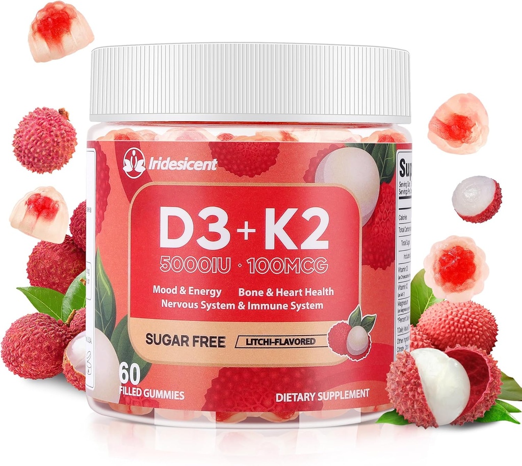 D3 K2 Gummies w/Magnesium Sugar Free - 60 Count | D3 5.000 IU + K2 (MK-7) 100 mcg - Vegan K2 D3 Vitamin Tamam, Yüksek Absorbent Supports Bone, Muscle, Mood & Immune (Lychee Flavor)