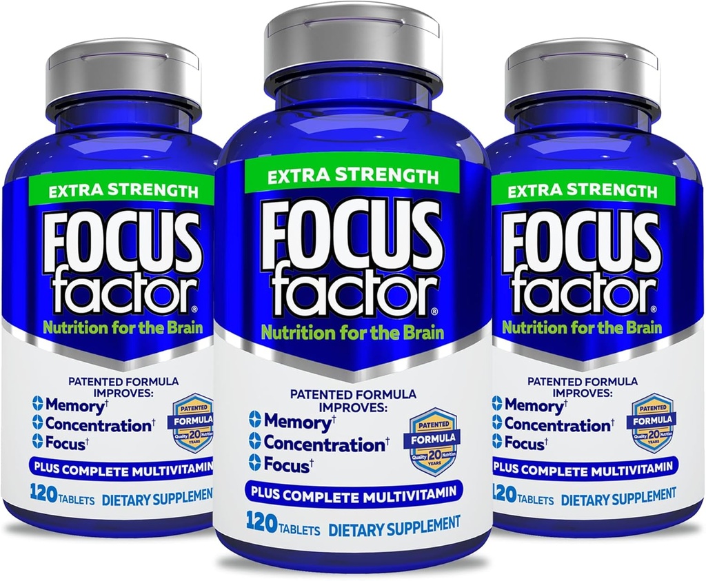 Focus Factor Yetişkinler Ekstra Güçlü, 120 Kont- Brain Supplement for Memory, Concentration, Focus- DMAE, Vitamin D, DHA- Brain Health Supplement – Trusted Formula- Brain Vitamins, Focus Pills (3 Pack)
