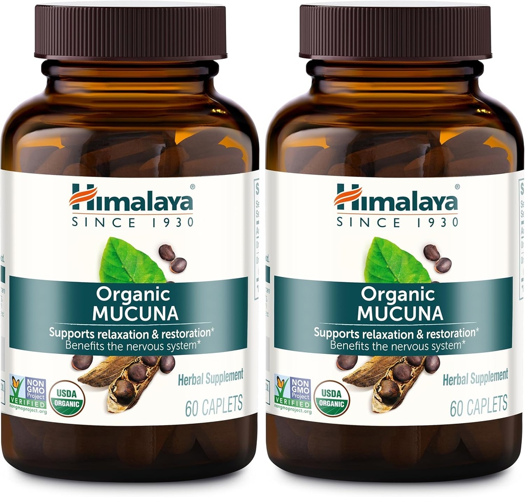 Himalaya Organik Mucuna Herbal Supplement, Destekler Rahatlama, Gerginlik Yardım, Beyin Fonksiyonu, Non-GMO, USDA Organik, Vegan, Gluten Free, 600 mg, 60 Plant-Caplets, 2 Pack, 120 Day Supply