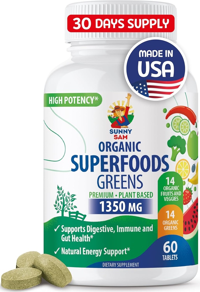 SUNNY SAM Super Food Green Συμπληρώματα για Ενήλικες - 60 Tablets - Βιολογικά Super Greens με Αληθινά Φρούτα, Λαχανικά και Βότανα για Φυσικό Πεπτικό και Ενεργειακή Υποστήριξη