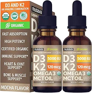 (2 Pack) Organik Vitamin D3 K2 MCT Oil Omega 3, 5000 IU, maksimum Güçlü D Sıvı, No Fillers, Non-GMO Liquid D3 for Faster Abpole and Immune Support (Mocha, 2 Fl Oz)