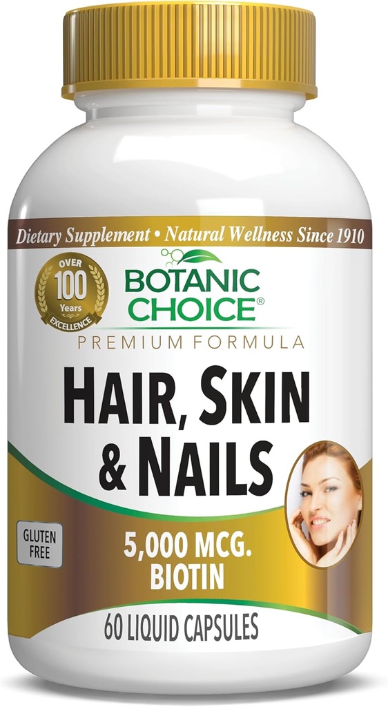 Botanic Choice Hair Skin and Nails Vitamins - Biotin Supplement with Collagen, Vitamin C, & Iron - Super Antioksi Mix with Argan Oil & Hyaluronic Acid - 60 Sıvı Capsules