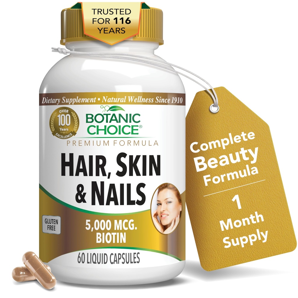Botanic Choice Hair Skin and Nails Vitamins - Biotin Supplement with Collagen, Vitamin C, & Iron - Super Antioxidant Blend with Argan Oil & Hyaluronic Acid - 60 Liquid Capsules