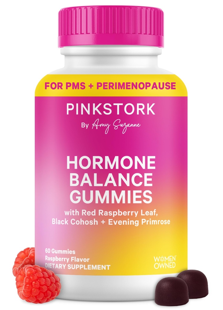Pink Stork Hormonlar Kadınlar için Gummies – PMS, Menopause & Estrogen Desteği – Mood, Bloating, Hot Flashes & Energy – Red Raspberry Leaf, Black Cohosh, Primrose – 60 Vegan Gummies