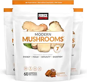 Force Factor Modern Mushrooms Soft Chews, Mushroom Supplement with Lions Mane, Türkiye Tail, & Cordyceps to Support Energy, Immunity, & Digestion, Cinnamon Roll, 180 Soft Chews, 3-Pack