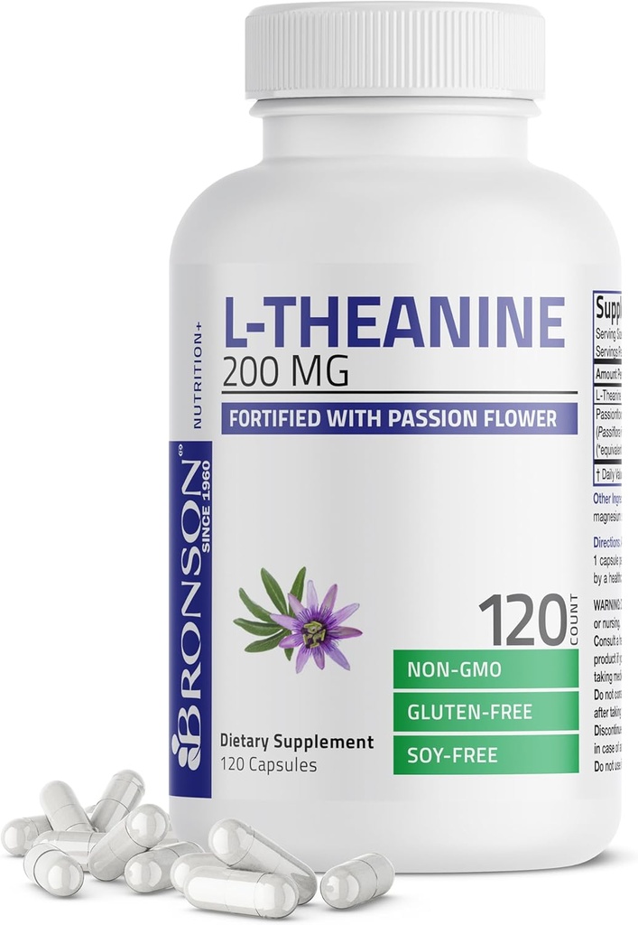 Bronson L-Theanine 200 mg (Çift-Strength) Passion Flower Herb, Non-GMO Gluten-Free Soy-Free Stress Management Supplement, 120 Capsules