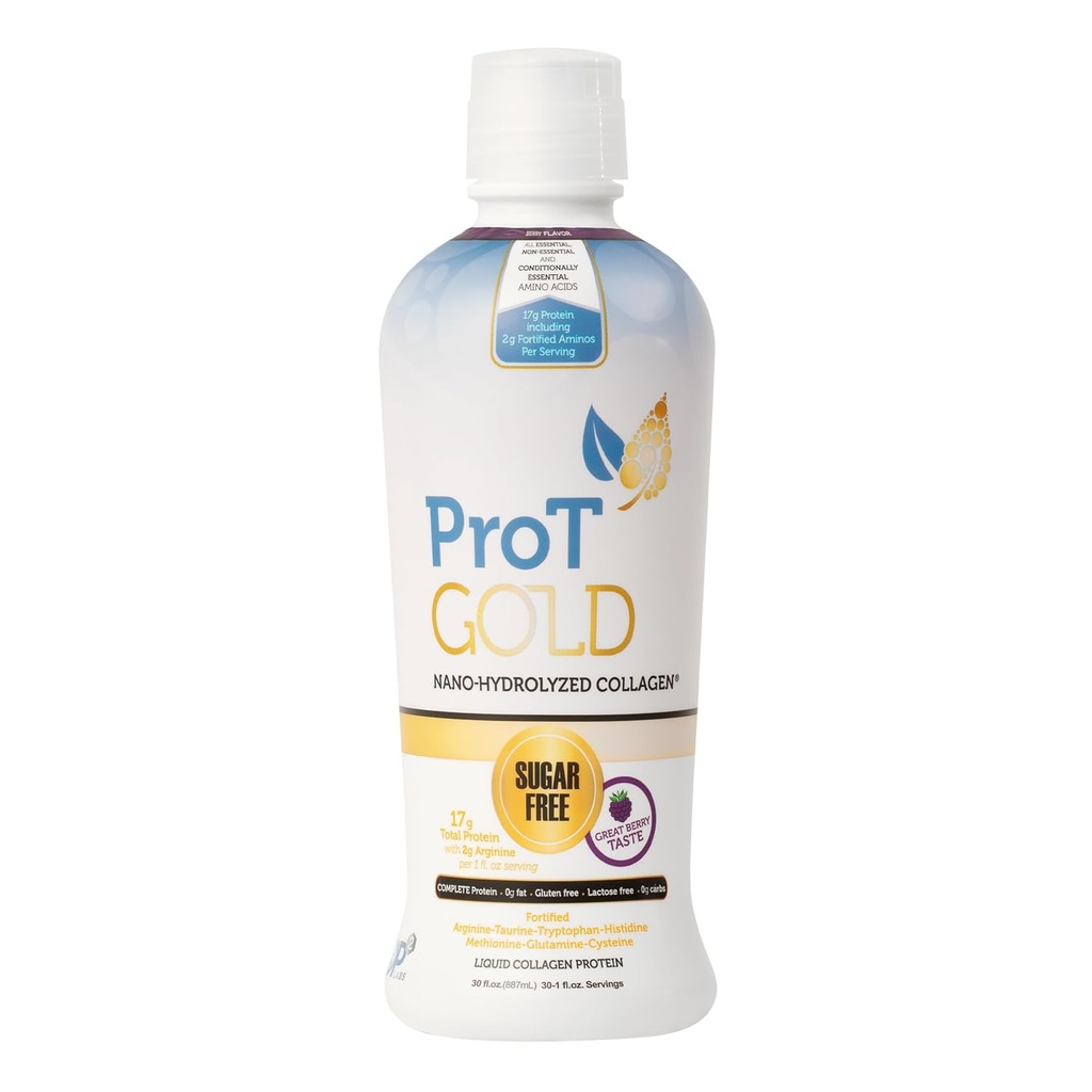 ProT Gold Liquid Collagen Protein Shot, 17g Clear protein Nano-Hydrolyzed Grass Fed Collagen, 2g Arginine for Yara Desteği, Gluten Free, Sugar Free, 0g Carbs, Non GMO, Berry, 30 fl oz Şişe