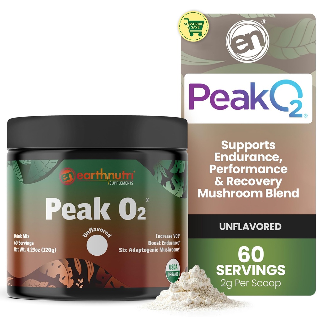 EarthNutri PeakO2 συμπλήρωμα προπόνησης - συμπλήρωμα μανιταριών για την προ προπόνηση αντοχής & αθλητική απόδοση – χωρίς πρόσθετα, χωρίς πληρωτικά – υποστηρίζει Stamina, δύναμη & ανάκτηση - 60 εξυπηρετεί