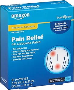 Basic Care Maximum Strength OTC Pain Relief , 4% Lidocaine Patch , 3.9” x 5.5”, 15-Count Box (Προηγούμενα HealthWise)