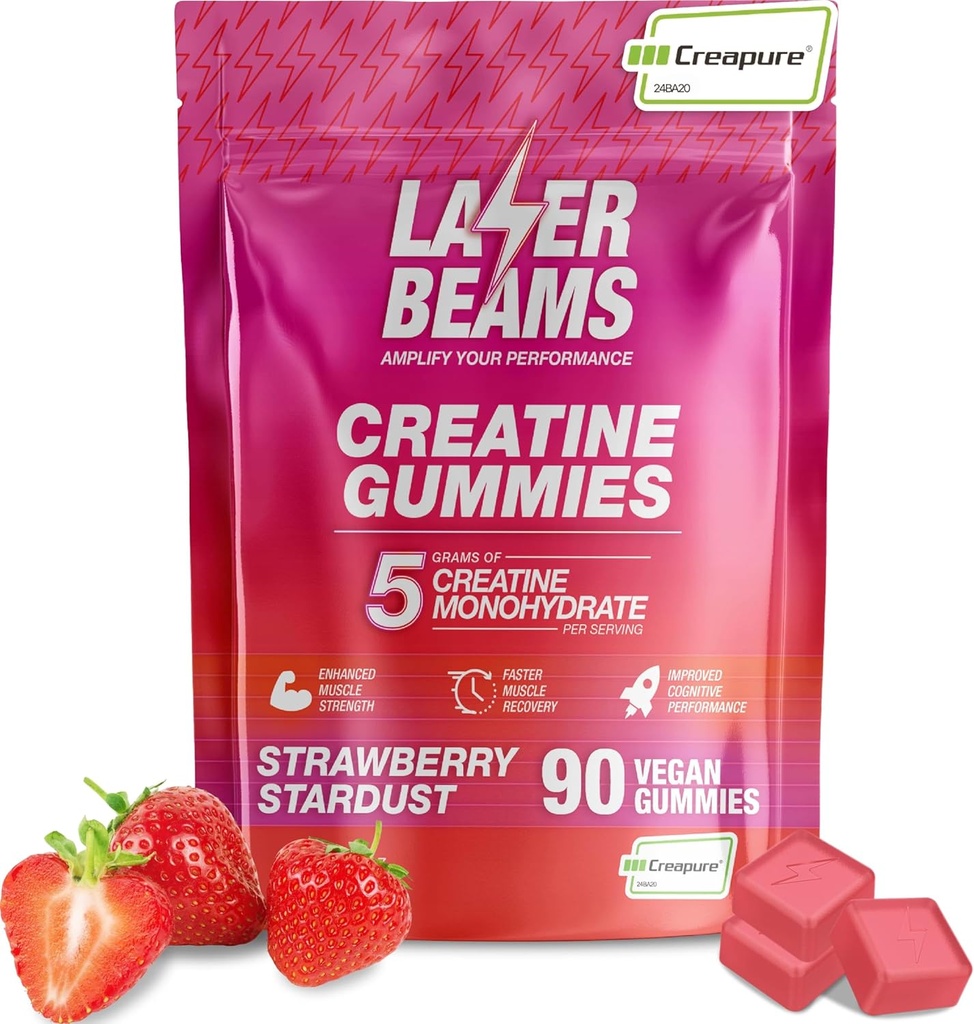 Creatine Monohydrate Gummies - 5g Creapure Creatine per Serving - Vegan - Ενίσχυση της μυϊκής δύναμης, αντοχής, αποκατάστασης & ψυχικής εστίασης - 90 Gummies, χωρίς γλουτένη (Strawberry)