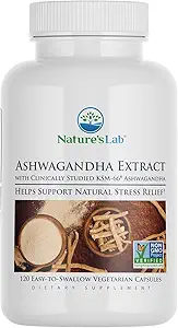 Nature's Lab Extra Strength Ashwagandha KSM 66 Extract - 5% Withanolides, Pure Organic Ashwagandha Root Powder - Υποστηρίζει την ανακούφιση από το στρες, την εστίαση και τη δύναμη Υποστήριξη* - 120 Ct (60 Ημέρα προσφοράς)