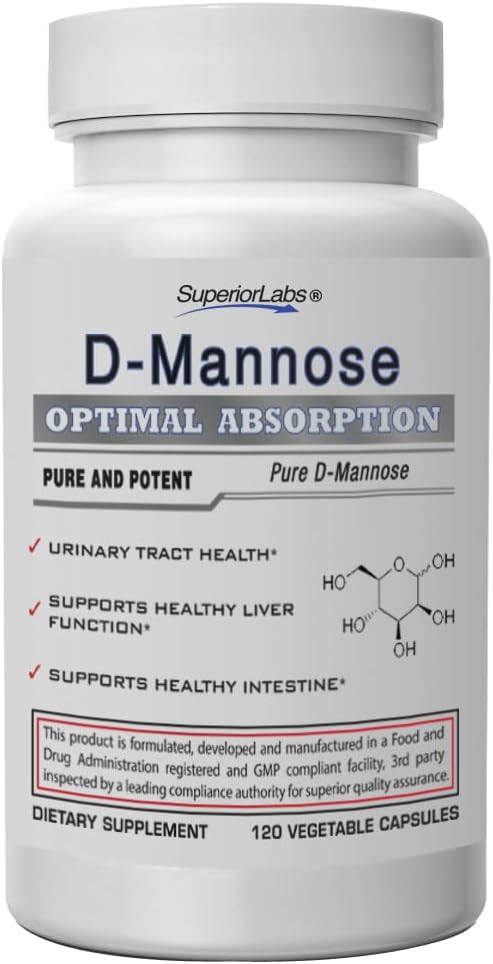 Superior Labs D- Mannose 500 mg, Αμιγής μη ΓΤΟ Βέλτιστη Απορρόφηση Προβιοτική, Ουρολοίμωξη, Βλάχος & Νεφρική UTI Υποστήριξη, Digestive & Liver Health Aid, IC Relief for Women & Men, 120 Veg Caps