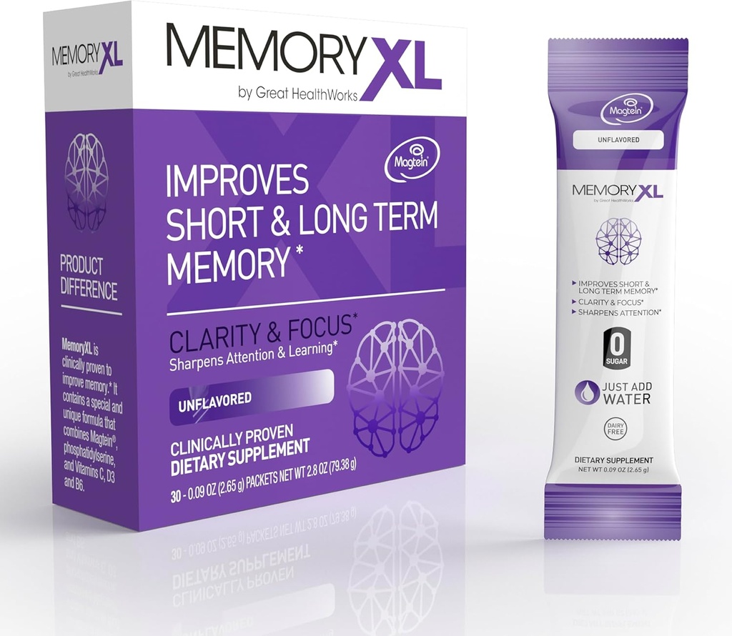 MemoryXL, Μαγνήσιο L-Θρεονικό: Συμπλήρωμα εγκεφάλου για Μνήμη & Εστίαση; Magtein®, Phosphatidylserine, Βιταμίνη Mix. Βελτιώνει τη μνήμη Εστίαση Προσοχή Μάθηση & Λογική. 0 Ζάχαρη, 0 Cal, 30pk Άγευστη