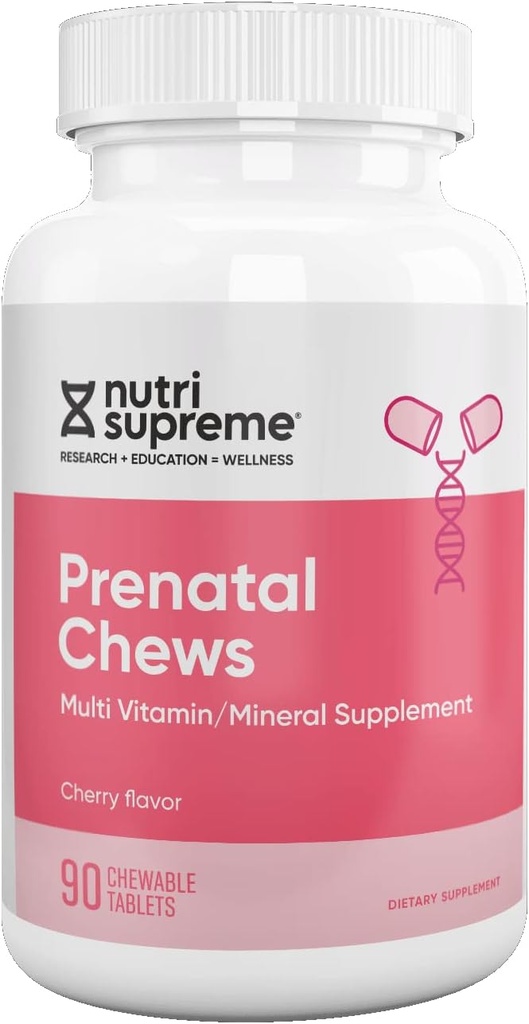 Nutri Supreme Προγεννητική Βιταμίνη, Μασώμενες Προγεννητικές Βιταμίνες για γυναίκες με 800 MCG Folate, Πλήρης Εγκυμοσύνη Πολυβιταμίνη με σίδηρο, Kosher, Cherry Flavor, 90 Count