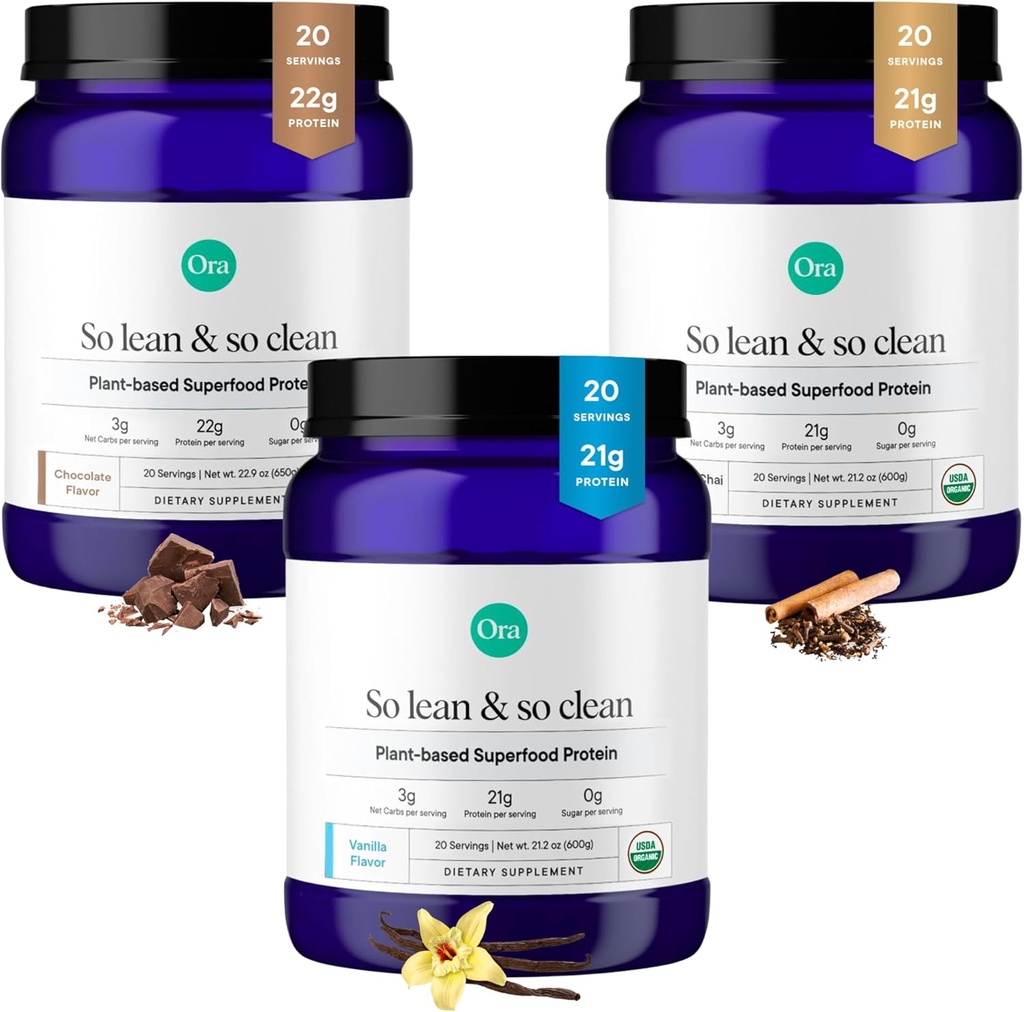 Organic Protein Powder Vanilla, Chocolate & Vanilla Chai Bundle: 21g Plant Based, Vanilla, Vanilla Chai, 20 μερίδες + 22g Plant Based, Σοκολάτα, 20 μερίδες