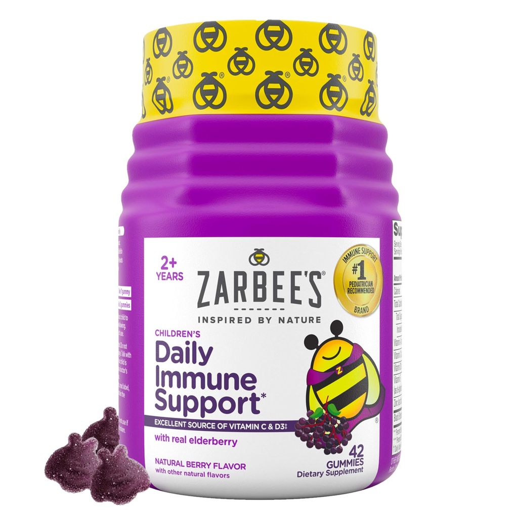 Zarbee's Kids Elderberry Immune Support Supplement Gummies, Vitamins A C D3 E & çinko, Elderberry Extract, Gluten & Gelatin Free, No Yapay Flavors, Natural Berry Flavor, 2+, 42 Ct