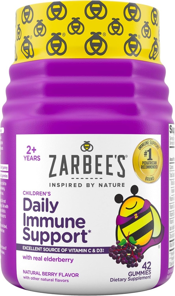 Zarbee's Kids Elderberry Immune Support Supplement Gummies, Vitamins A C D3 E & çinko, Elderberry Extract, Gluten & Gelatin Free, No Yapay Flavors, Natural Berry Flavor, 2+, 42 Ct