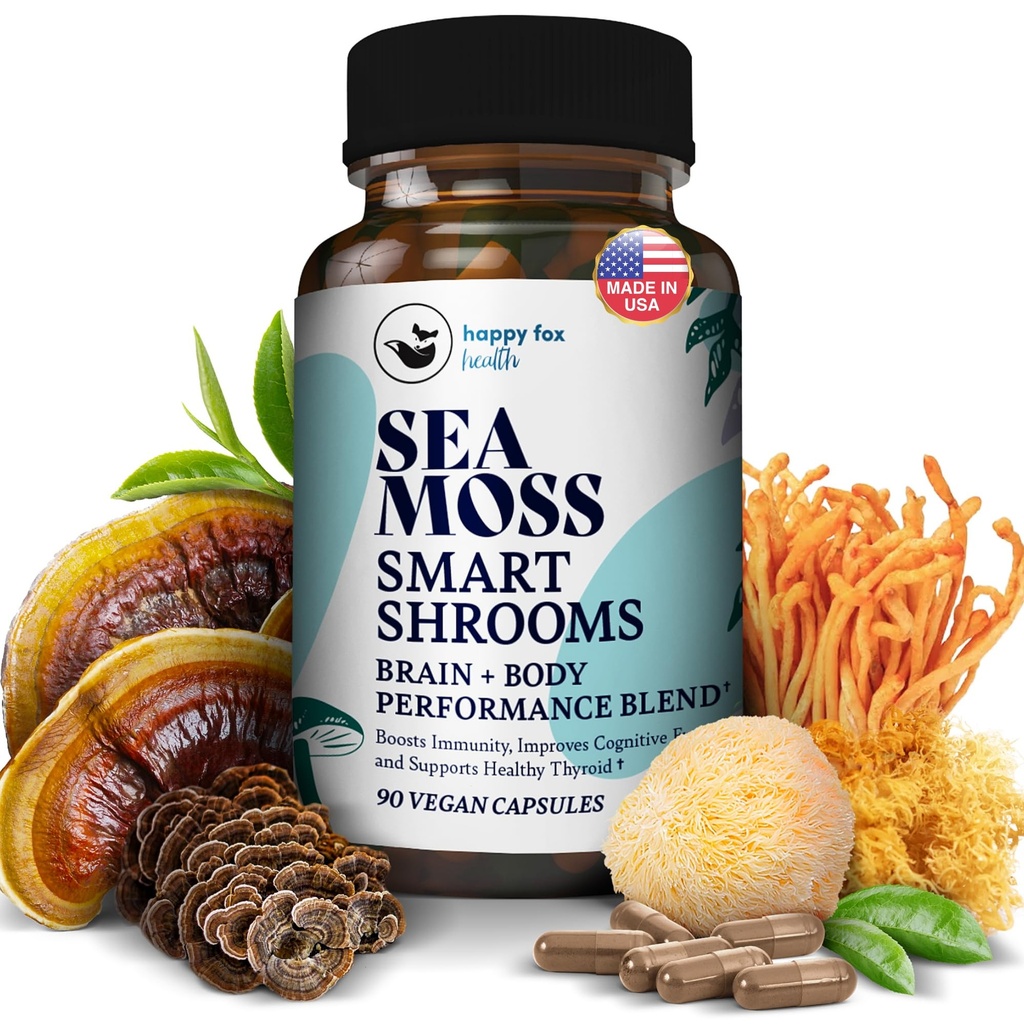 HAPPY FOX İrlandalı Deniz Moss Capsules & Mushroom Kompleksi - Organik Denizmosları Beyin Sağlığı için Adaptogens ile, 1500 mg, 90 Vegan Capsules, Organik Mushroom Supplement