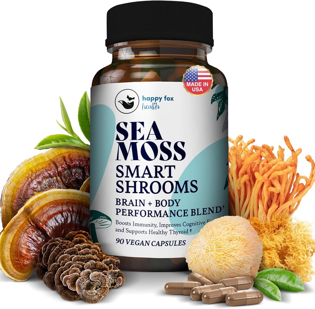 HAPPY FOX İrlandalı Deniz Moss Capsules & Mushroom Kompleksi - Organik Denizmosları Beyin Sağlığı için Adaptogens ile, 1500 mg, 90 Vegan Capsules, Organik Mushroom Supplement