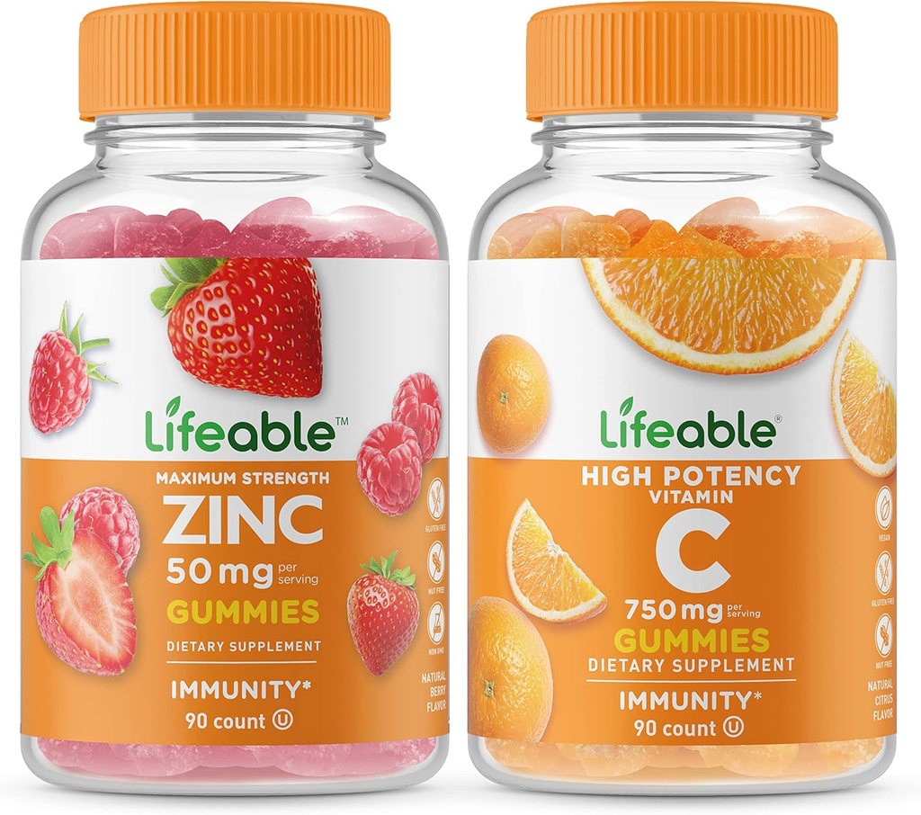 Lifeable Zinc 50mg + Vitamin C 750mg, Gummies Bundle - Great Tasting, Vitamin Supplement, Gluten Free, GMO Free, Chewable Gummy