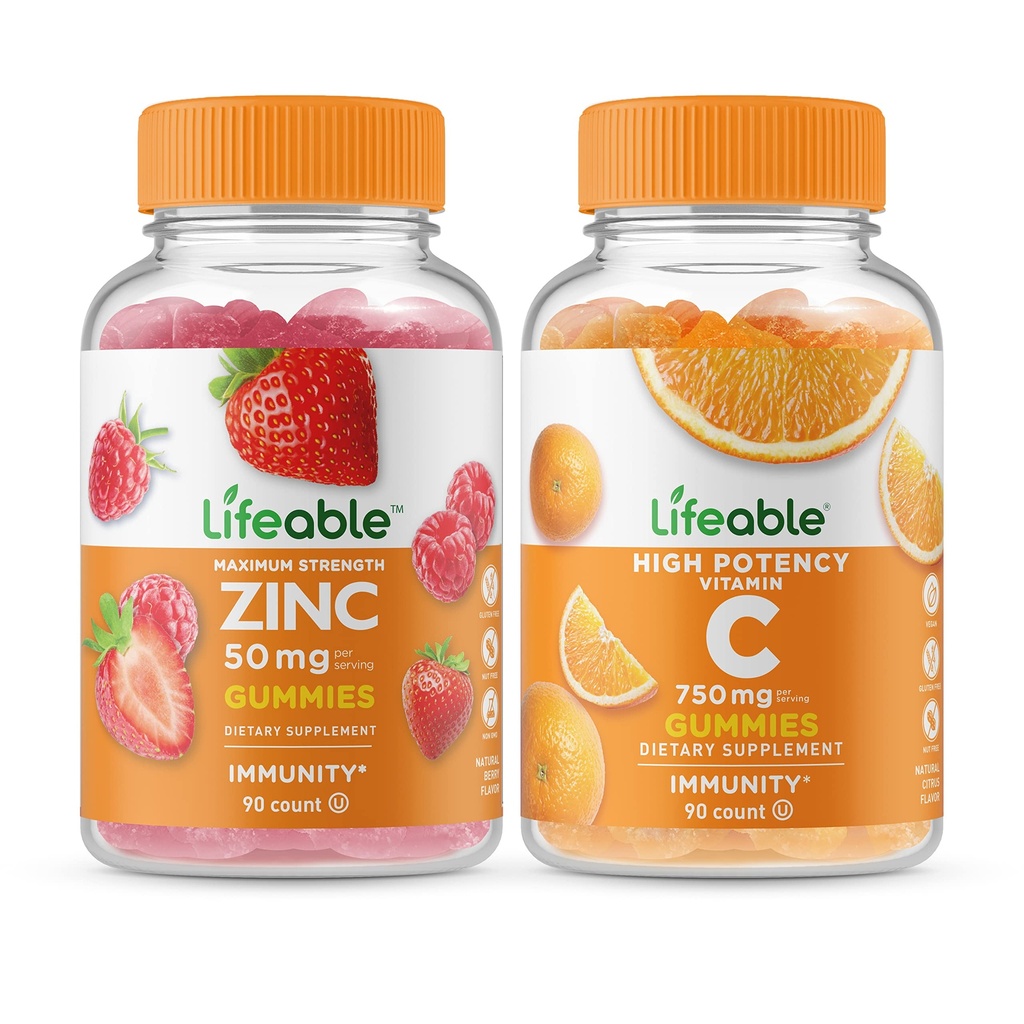 Lifeable Zinc 50mg + Vitamin C 750mg, Gummies Bundle - Great Tasting, Vitamin Supplement, Gluten Free, GMO Free, Chewable Gummy