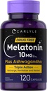 Carlyle Melatonin 10 mg | 120 Capsules | Ashwagandha | Triple Strength Formula | Non-GMO, Gluten Free Supplement