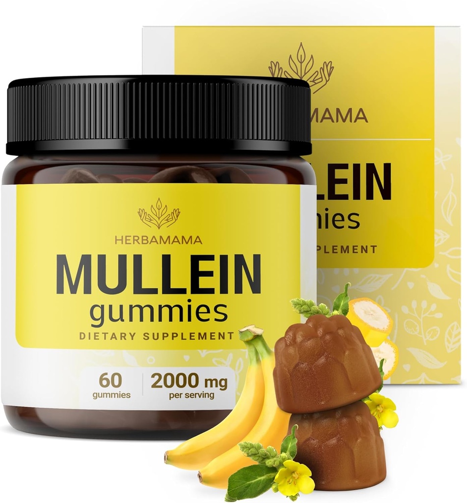 HERBAMAMA Mullein Gummies for Lungs - 2000mg Mullein Leaf for Lung Detox & Cleanse - Vegan, μη-GMO, συμπλήρωμα αναπνευστικής υποστήριξης - 60 Pectin-based Banana-Flavored Chews