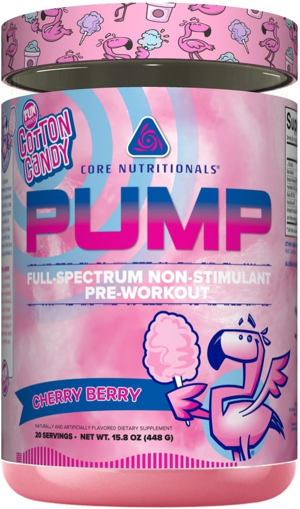 Core Nutritionals Pump Full-Spectrum Non-Stimulant Pre-Workout, N03T Nitrate, Peak02, Alpha GPC, maksimum pompa için, Güçlü ve Performans 20 Hizmet (Fun Sweets Cotton CandyTM Cherry Berry)