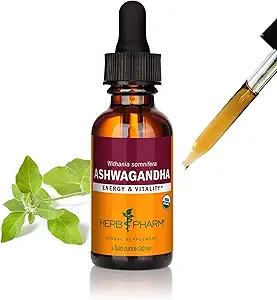 Herb Pharm Certified Organic Ashwagandha Extract for Energy and Vitality, Grain, Organic Cane Alcohol, 1 Ounce